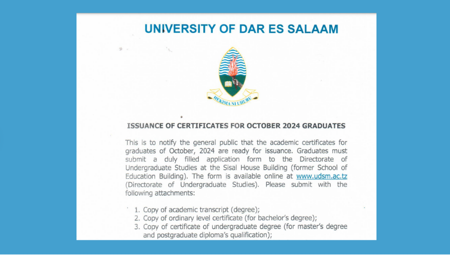 UDSM Announces Certificate Collection for October 2024 Graduates