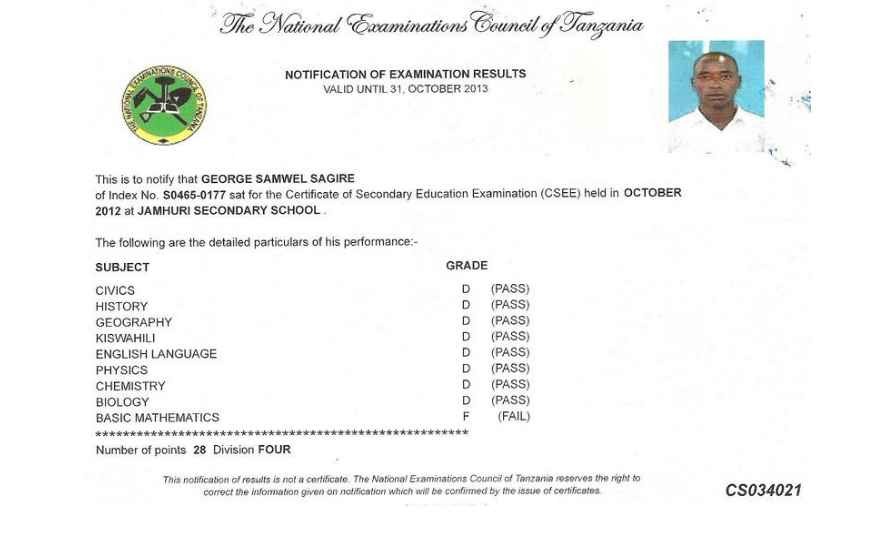 Form Six Results Slip