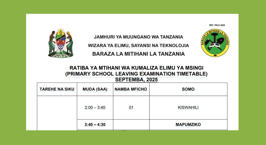 NECTA Publishes September 2025 Primary School Examination Timetable