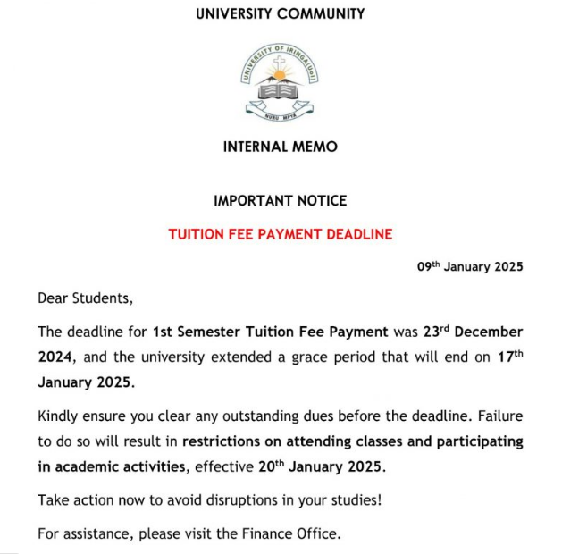 University of Iringa Closes Tuition Fee Payment Window for Students