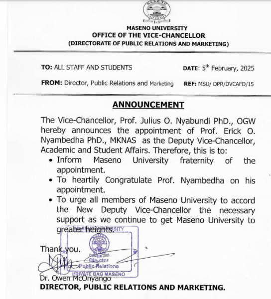 Maseno University Appoints Prof. Eric O. Nyambedha as Deputy Vice-Chancellor